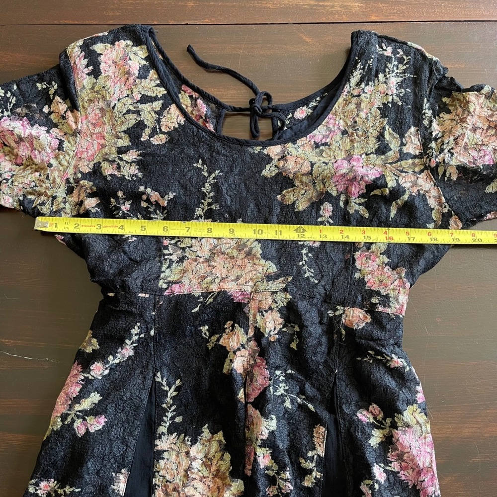 Olivia Black Floral Lace Midi Dress Short Sleeve Tie Back Pink Green Large - Picture 7 of 8